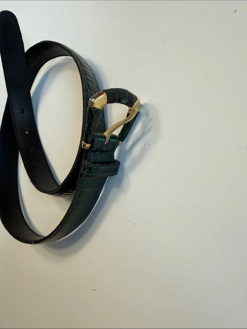 Dark Green Croc-Embossed Leather Belt with Gold Buckle